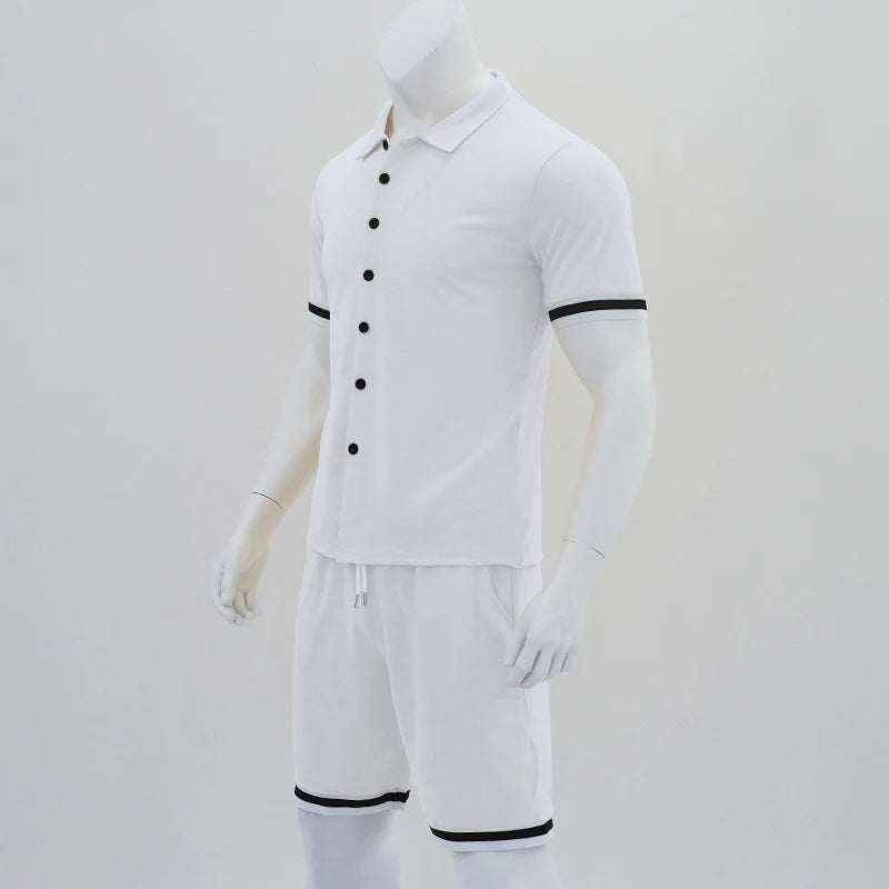 chemise d´ete Popular Men's Summer Polo Cardigan Solid Short Sleeve Shorts Two Piece Casual Set