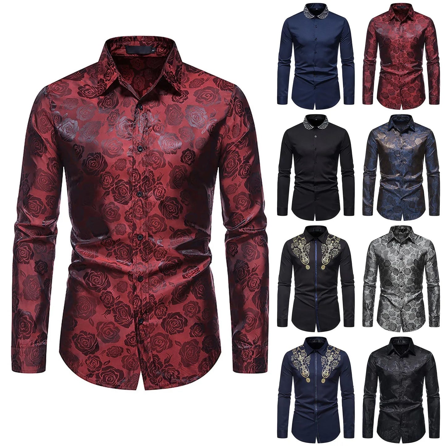 Spring And Autumn Men's Long-sleeved Casual Rose Printing Shirt Tops Turndown Collar Slim Fit Fashion Men's Shirts Blouse