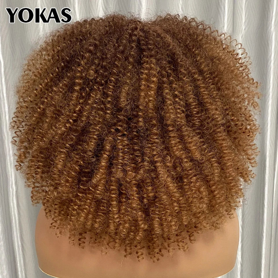 Short Afro Kinky Curly Wig With Bangs Synthetic Hair Female Blonde Pink White Blue Brown Purple Pelucas For Black Women YOKAS