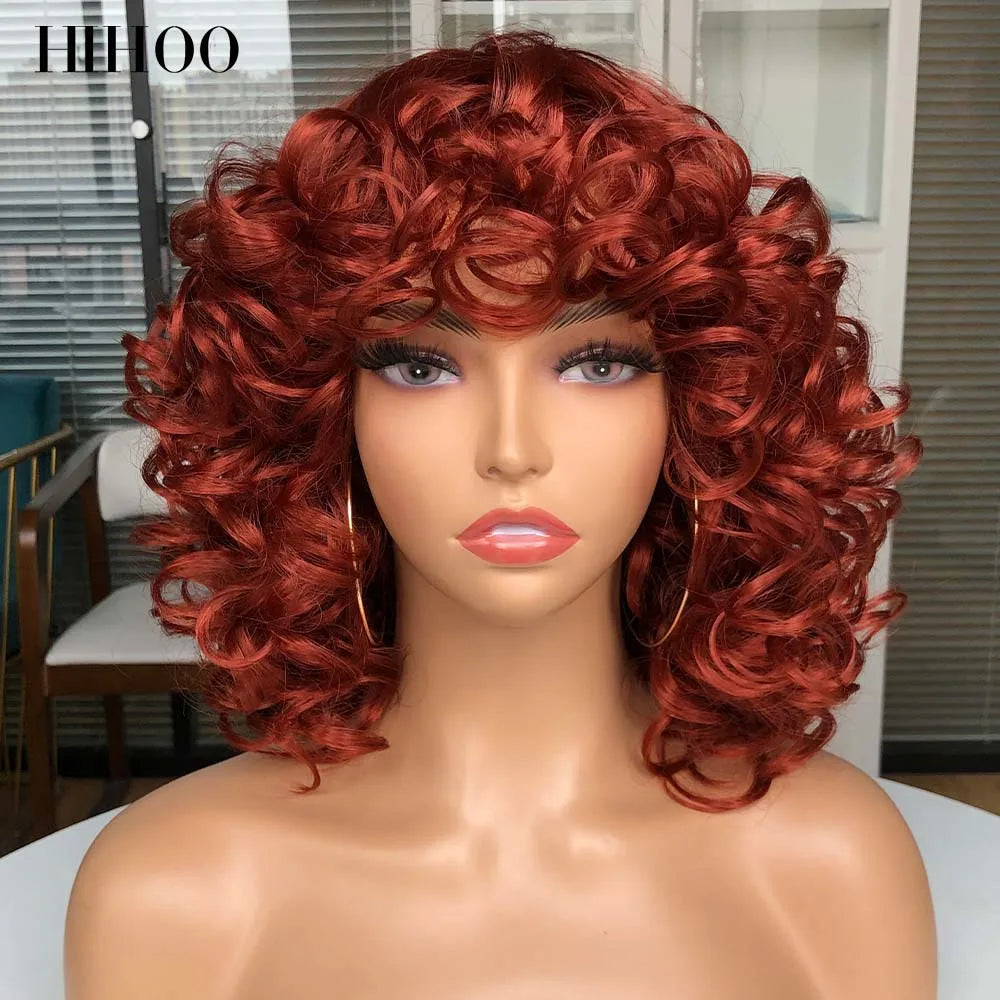 Short Afro Curly Wig With Bangs For Black Women Synthetic Fluffy Mixed Brown Blonde Wig Natural High Temperat Red