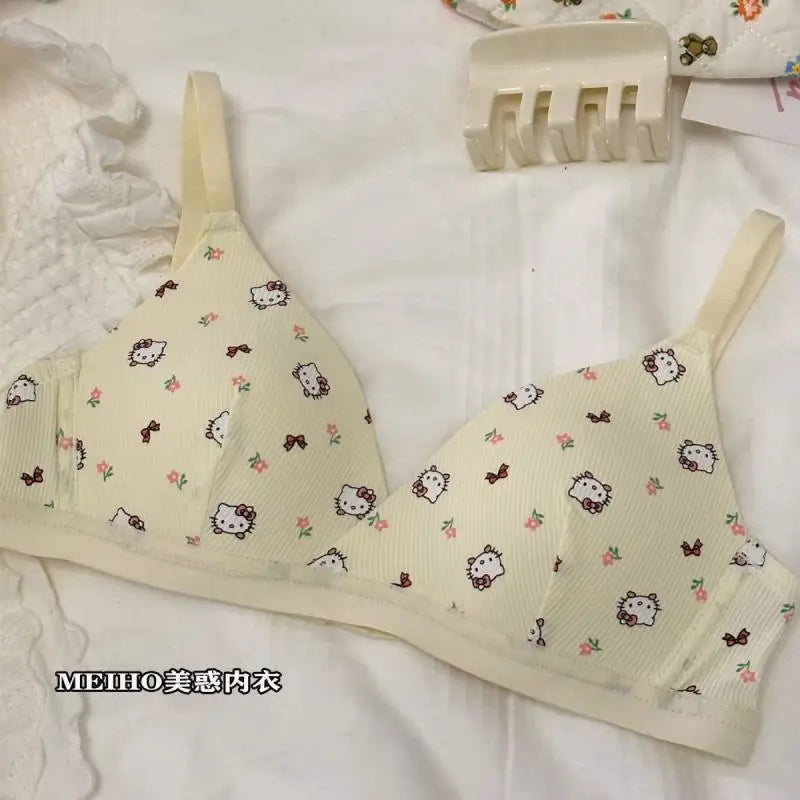 bragas Sexy  Hello Kitty Bra Kawaii Sanrio Underwear Set Anime Print Small Size Breathable Without Wires Cartoon Cute Girl Swimsuit Bra Set