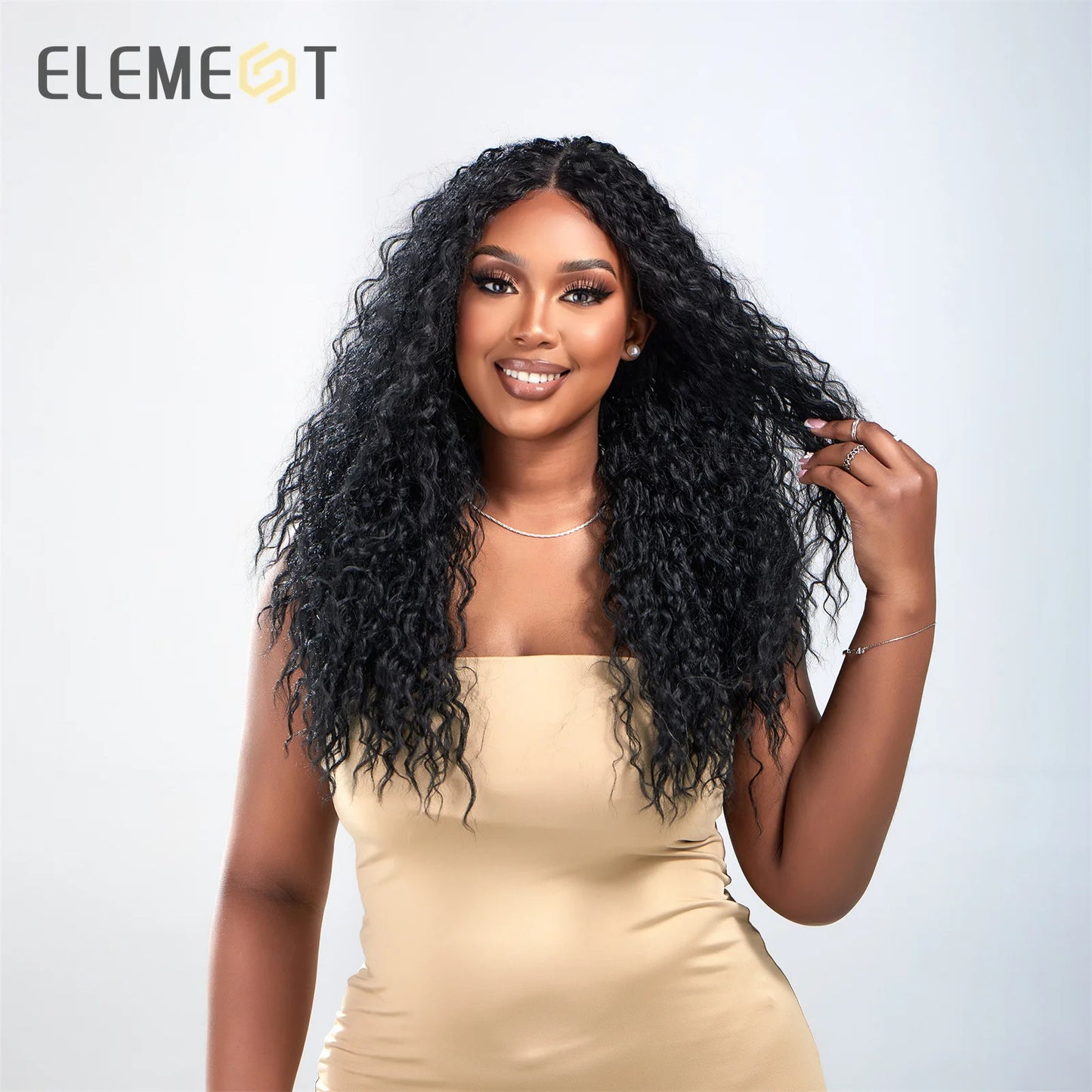 ELEMENT New Style Synthetic Long Wavy Curly Black Middle Part Hair Wigs for Women Heat Resistant  Party Daily Wig Peluca Hair