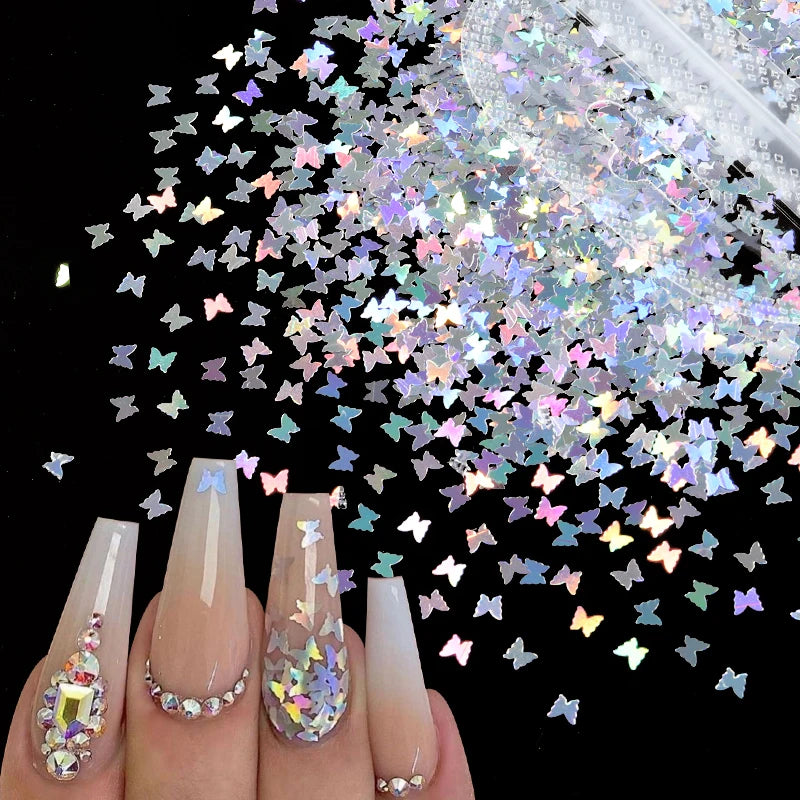 Holographic Butterfly Sequins Nail Charms Iridescent Glitter Silver Nails Art Accessories 2023 Springs Style Decoracion Uñas 3D