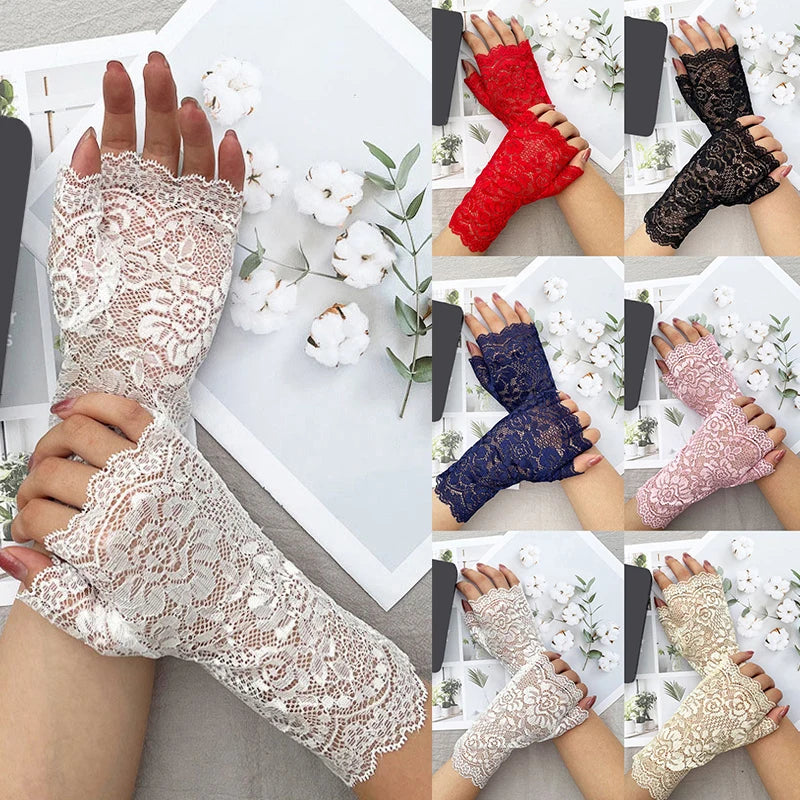 Womens Sexy Lace Gloves Sunscreen Short Gloves Fingerless Lace Driving Cycling Gloves Spring And Summer Mittens Accessories