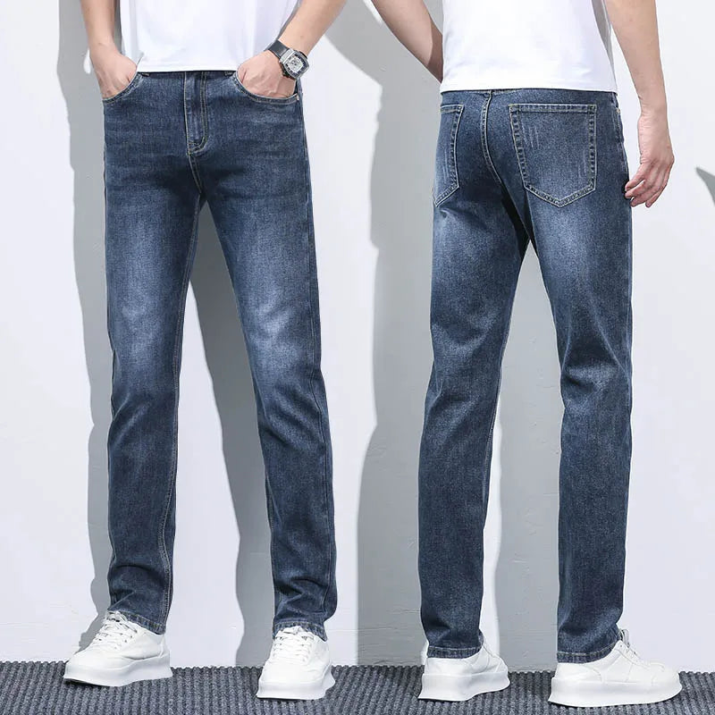 Business Men Straight Leg Classic Jeans Casual Denim Long Pants Slim Fit Simple Man Trousers Fashion Men's Stretch Jeans