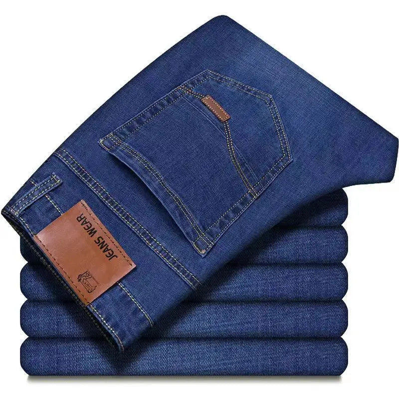 Pantalones vaqueros elásticos finos para hombre, Pantalones rectos sueltos informales, talla grande, Verano