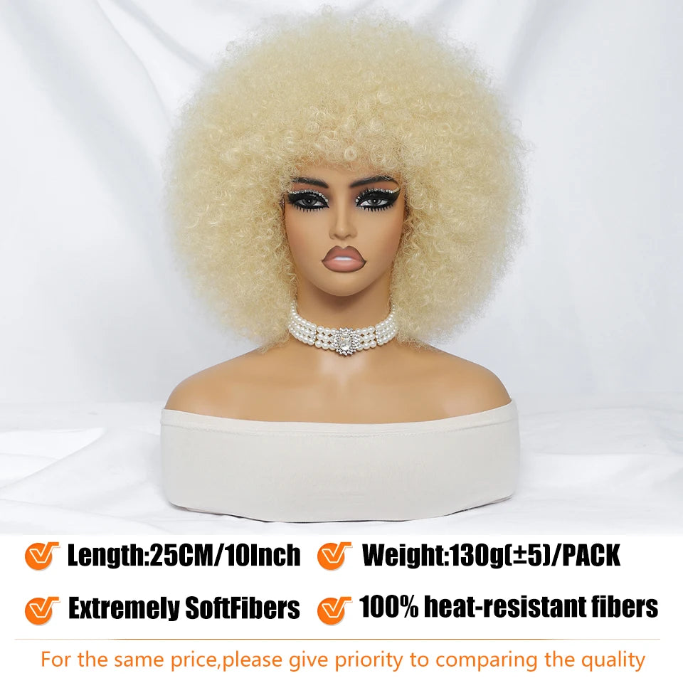 Short Afro Wigs for Black Women Blonde 10" Afro Curly Wig With Bangs 70s Bouncy Natural Synthetic Female Wigs for Party Cosplay