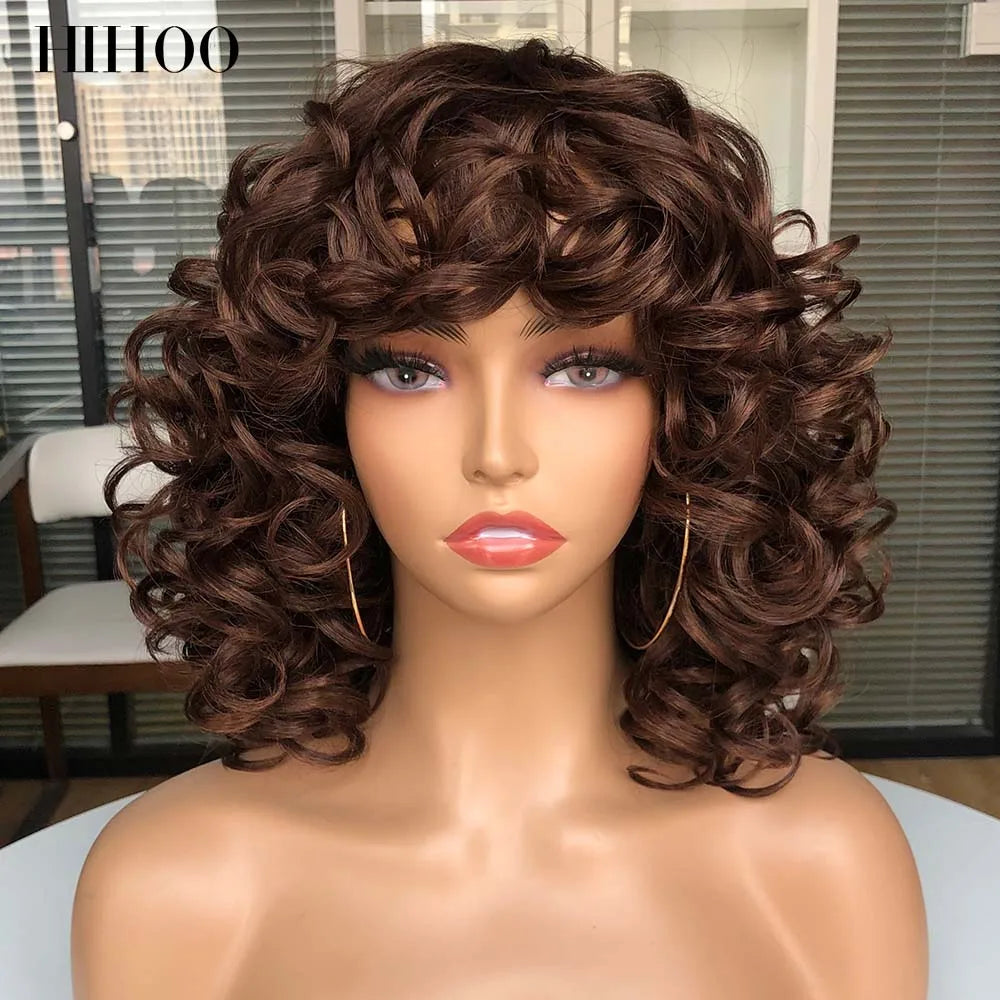 Short Afro Curly Wig With Bangs For Black Women Synthetic Fluffy Mixed Brown Blonde Wig Natural High Temperat Red