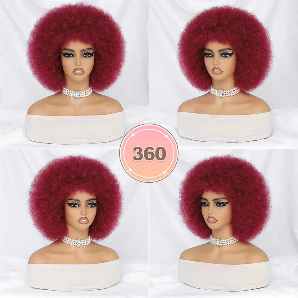 Short Afro Wigs for Black Women Blonde 10" Afro Curly Wig With Bangs 70s Bouncy Natural Synthetic Female Wigs for Party Cosplay