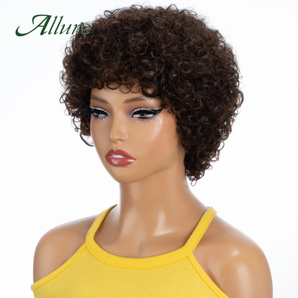 Short Pixie Afro Kinky Curly Wigs for Black Women Glueless Natural Brown Bob Wig With Bangs Brazilian Human Hair Wigs Allure