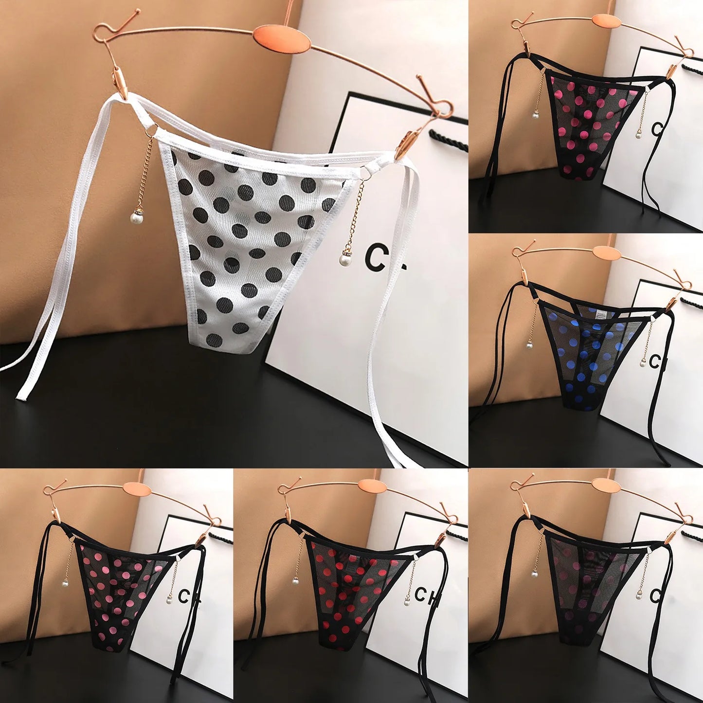 Dot Print Bikini Thongs For Women Low Waist Transparent Mesh Panties Solid Color Lace-Up Ultra Thin Underwear 2024 трусы женские