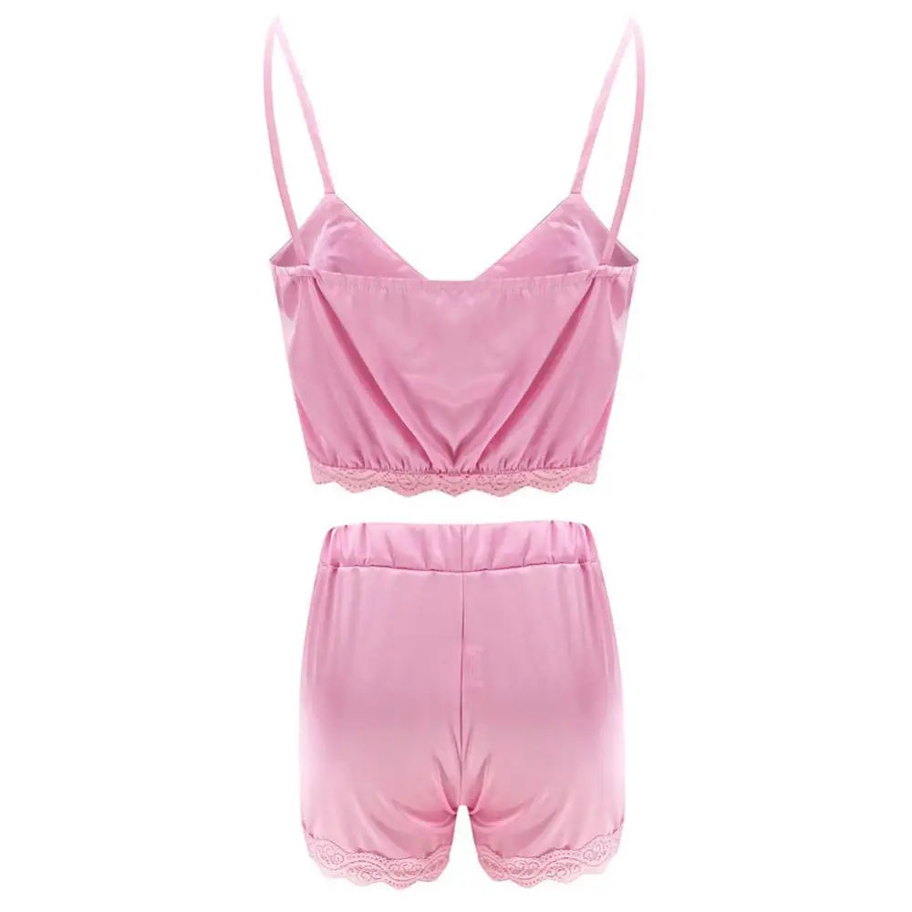 2 Pcs Women Summer Sweet Sexy Pajamas Silk Lace Sleepwear V Neck Vest Waist Drawstring Shorts Pajamas Set Pink Pyjamas Sleepsuit