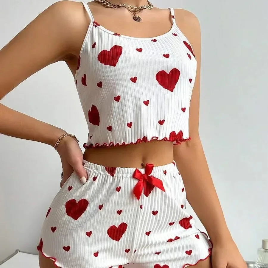 Women's Pajamas Set Sleepwear 2 PCS Short Tank Tops And Shorts S M L White Ventilate Soft Casual Love Printing