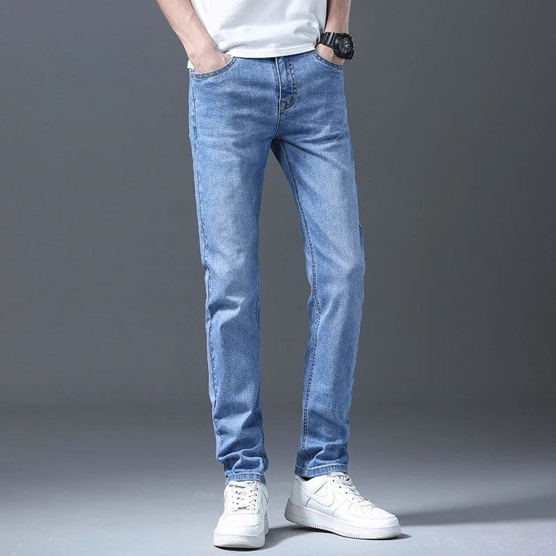 Business Men Straight Leg Classic Jeans Casual Denim Long Pants Slim Fit Simple Man Trousers Fashion Men's Stretch Jeans