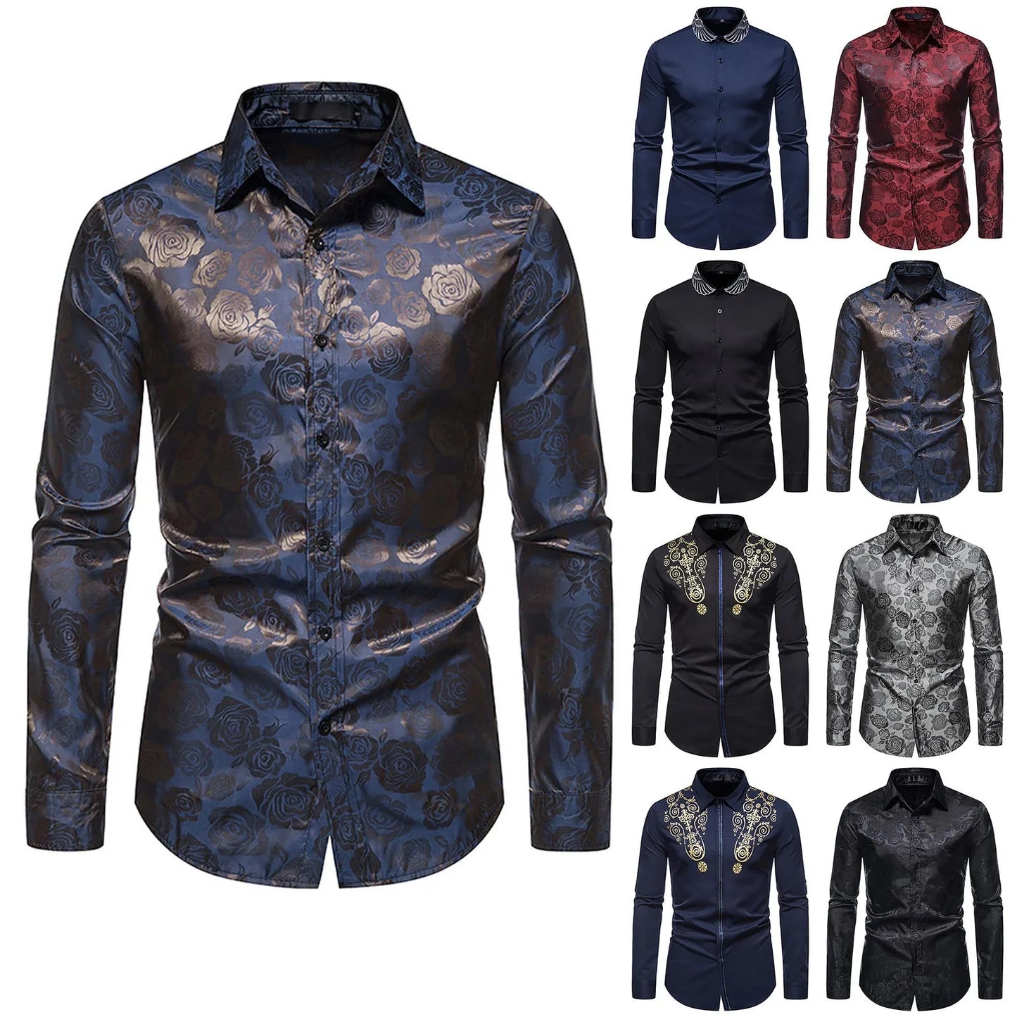 Spring And Autumn Men's Long-sleeved Casual Rose Printing Shirt Tops Turndown Collar Slim Fit Fashion Men's Shirts Blouse