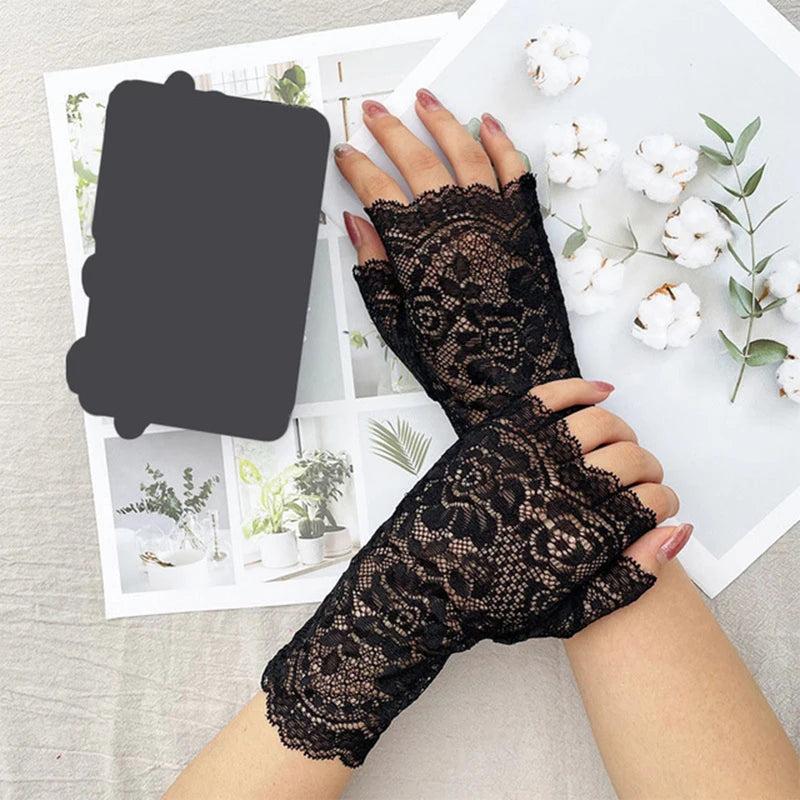 Womens Sexy Lace Gloves Sunscreen Short Gloves Fingerless Lace Driving Cycling Gloves Spring And Summer Mittens Accessories