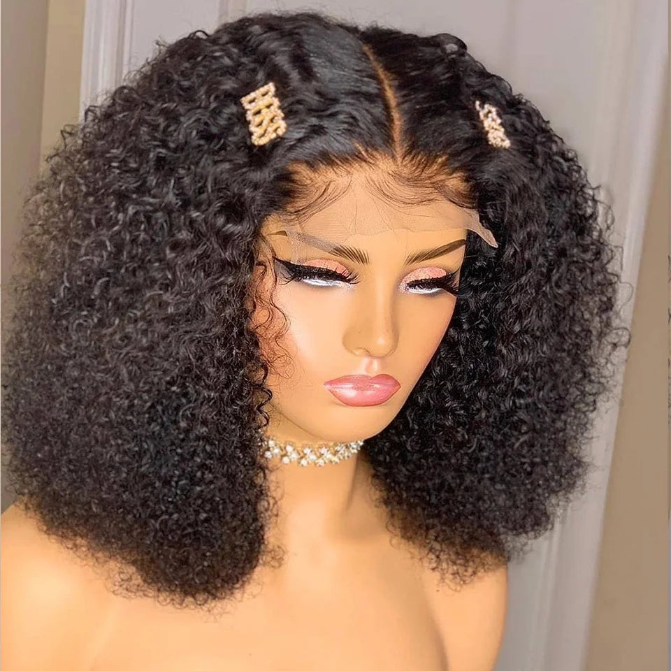 Soft Bob Glueless Natural Black 180Density 16“ Kinky curly Lace Front Wig For Women BabyHair  Preplucked Heat Resistant Daily