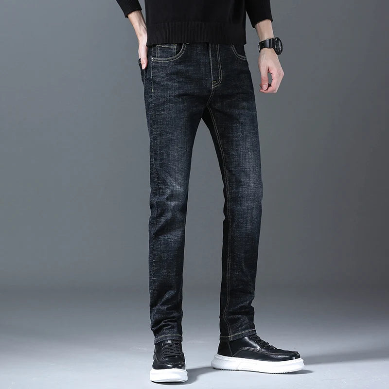 Business Men Straight Leg Classic Jeans Casual Denim Long Pants Slim Fit Simple Man Trousers Fashion Men's Stretch Jeans