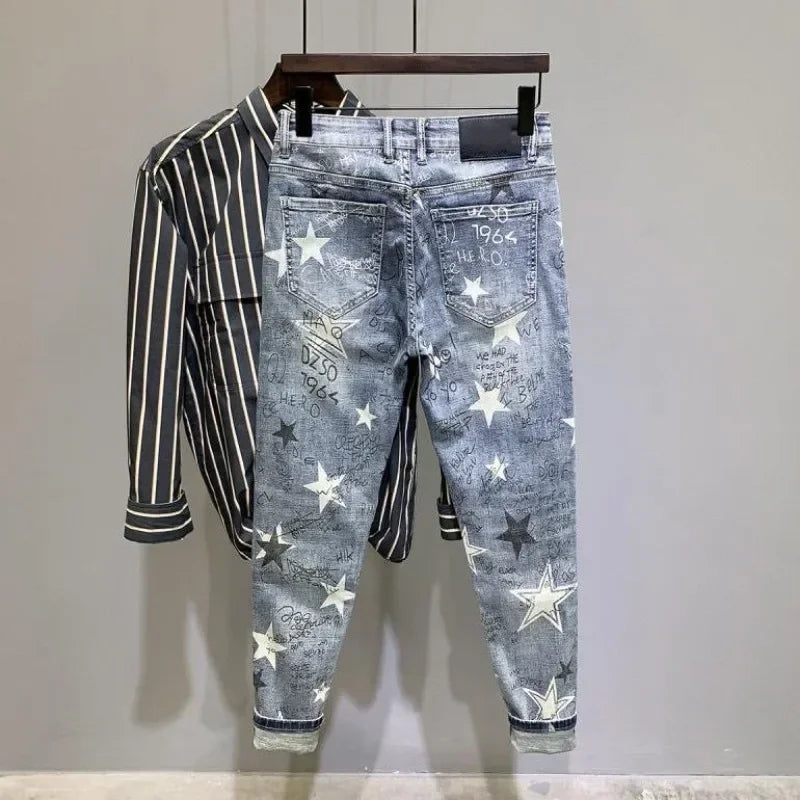 pantalones jeans Trousers Star Man Cowboy Pants Cropped Elastic Men's Jeans Stretch Light Blue with Print Clothes Y2k 2000s Spring Autumn Washed