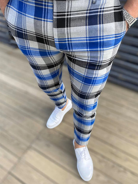 mens fashion plaid pants casual vintage style slightly stretch dress pants