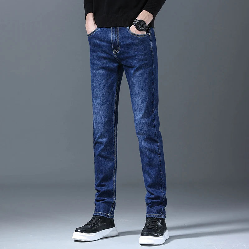 Business Men Straight Leg Classic Jeans Casual Denim Long Pants Slim Fit Simple Man Trousers Fashion Men's Stretch Jeans