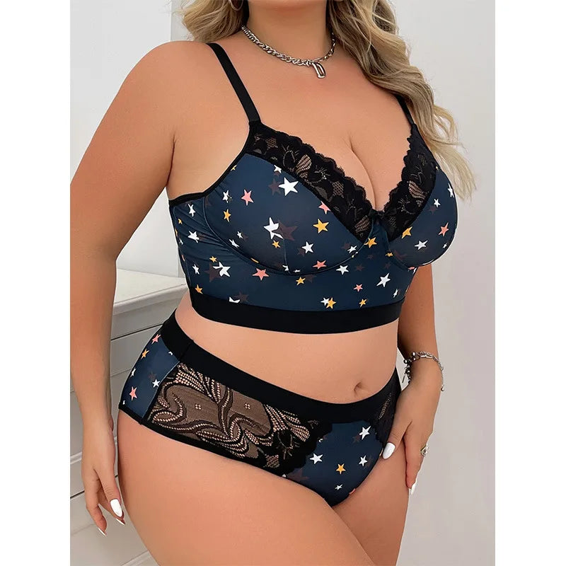 Panties tipo short , Women's Plus Size Fashion Lace Splicing Blue Starry Star Print Adjustable Straps Bra Panty Set