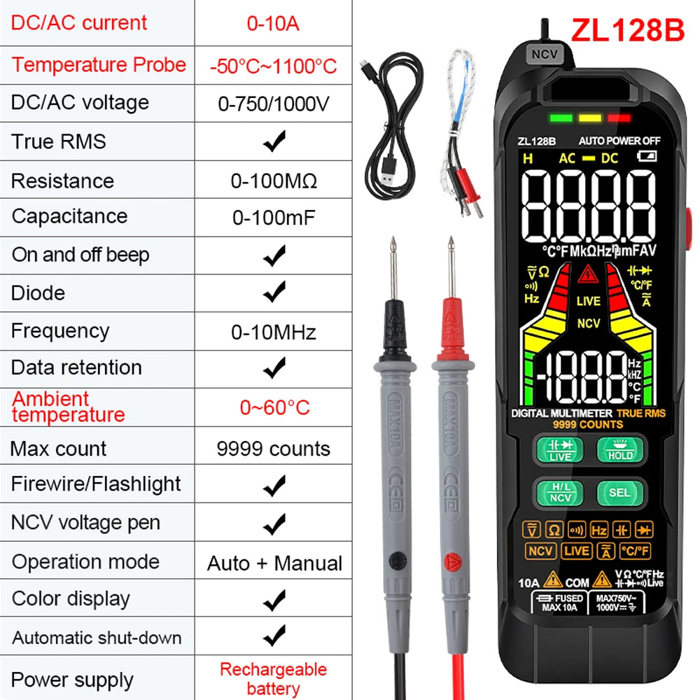 ZL126A/ZL128B Professional Digital Multimeter Alternating Current Voltage Multimetro True RMS Capacitance Detector Multitester