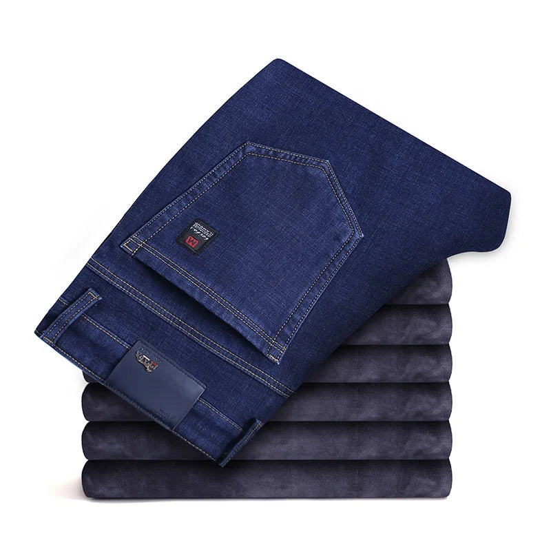 2022 Winter New Men's Fleece Warm Jeans Classic Style Business Casual Thicken Regular Fit Denim Pants Black Blue Brand Trousers