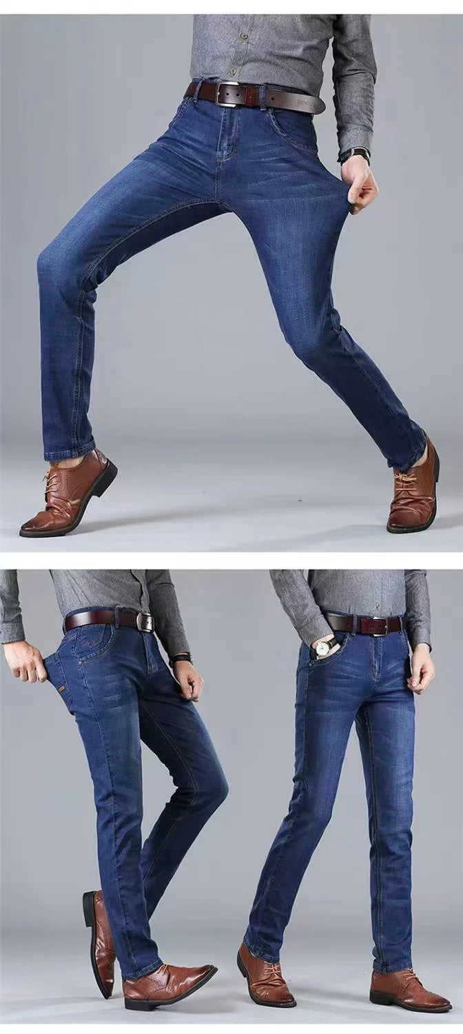 Pantalones vaqueros elásticos finos para hombre, Pantalones rectos sueltos informales, talla grande, Verano