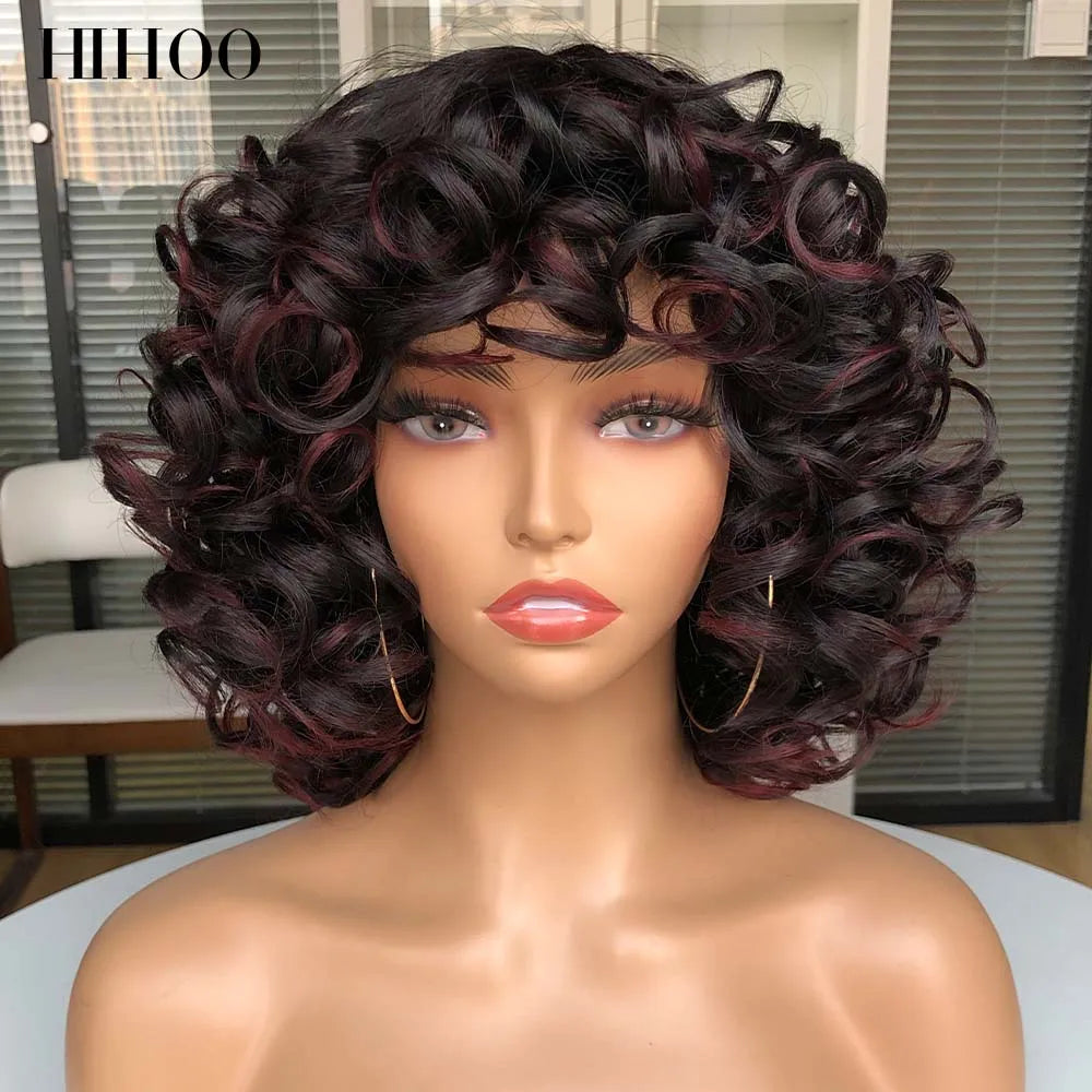 Short Afro Curly Wig With Bangs For Black Women Synthetic Fluffy Mixed Brown Blonde Wig Natural High Temperat Red