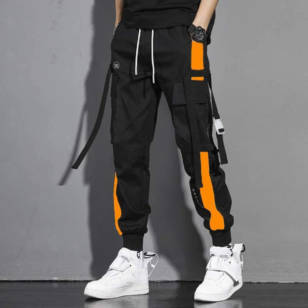 Men Pant Cargo Pockets Male Trousers Loose Streetwear Hip Hop Joggers Casual Ribbons Harem Fashion Chic Patchwork Color Contrast