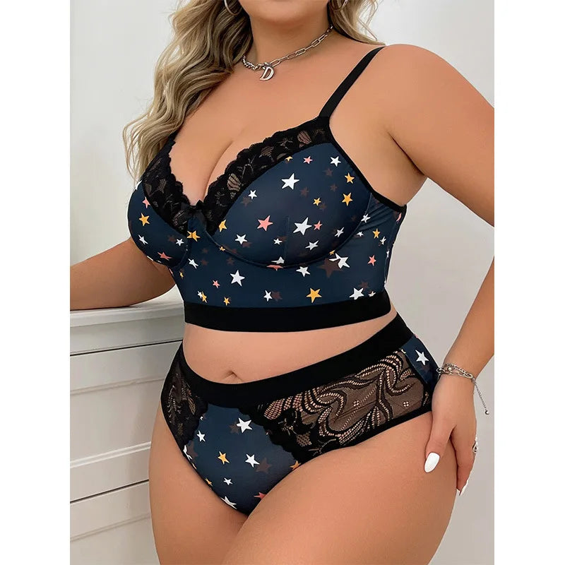 Panties tipo short , Women's Plus Size Fashion Lace Splicing Blue Starry Star Print Adjustable Straps Bra Panty Set