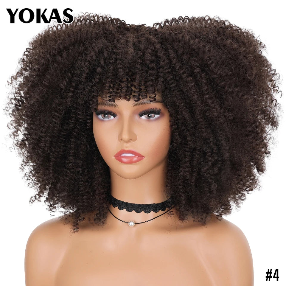 Short Afro Kinky Curly Wig With Bangs Synthetic Hair Female Blonde Pink White Blue Brown Purple Pelucas For Black Women YOKAS