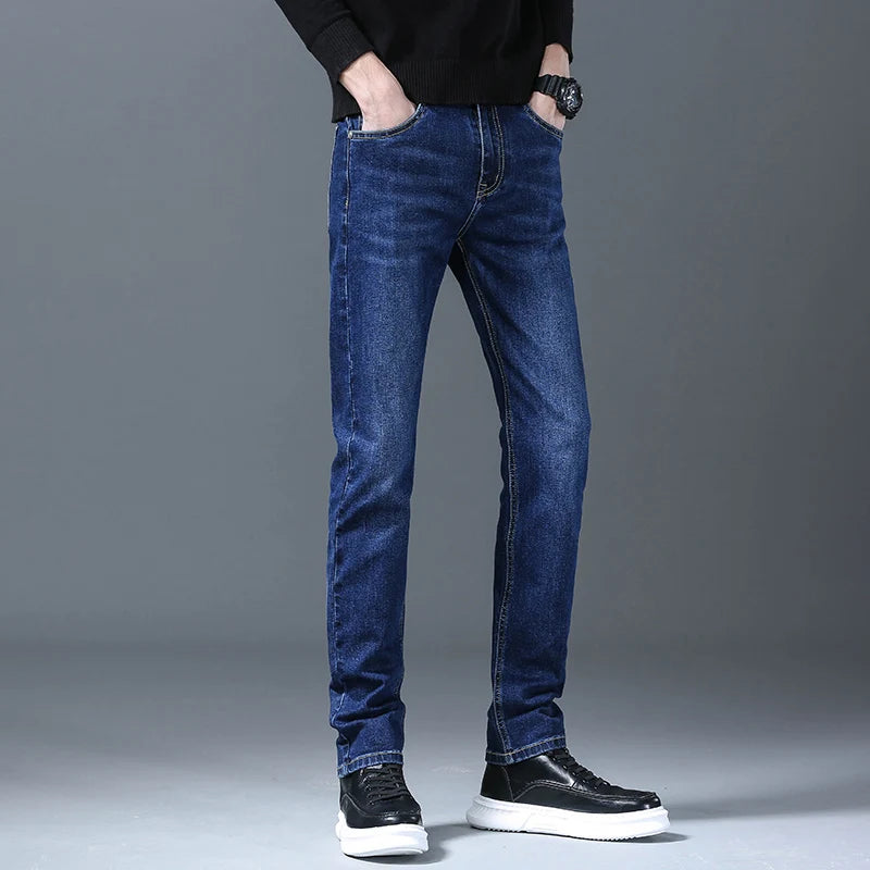 Business Men Straight Leg Classic Jeans Casual Denim Long Pants Slim Fit Simple Man Trousers Fashion Men's Stretch Jeans