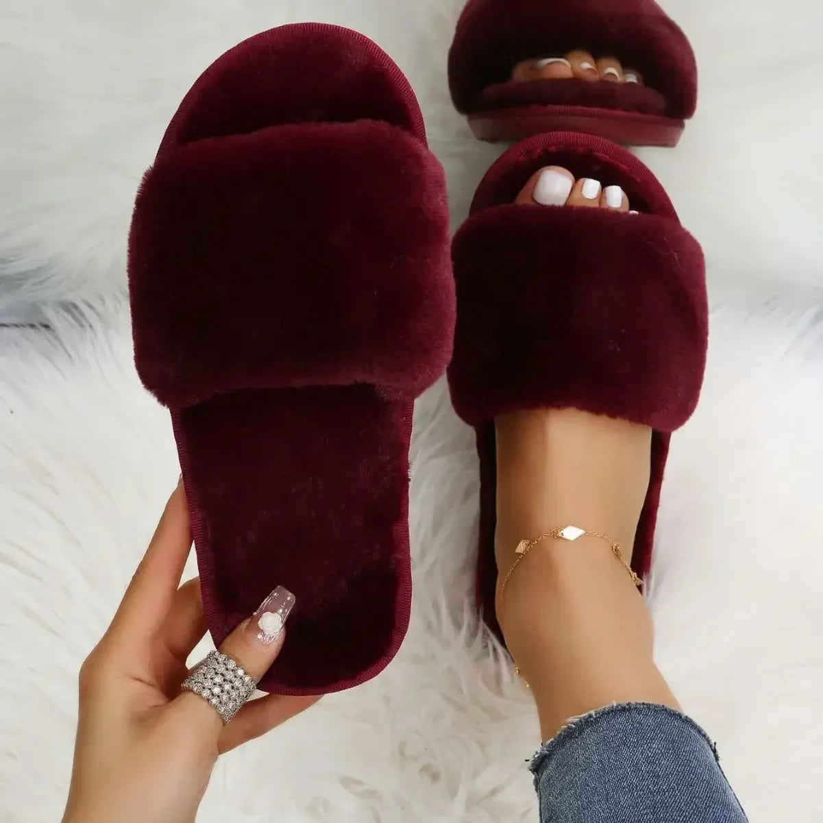 Winter Women Winter House Furry Slippers Non-Slip Casual Indoor Flats Floor Shoes Ladies Flip Flops Warm Shoes Solid Colors 2024