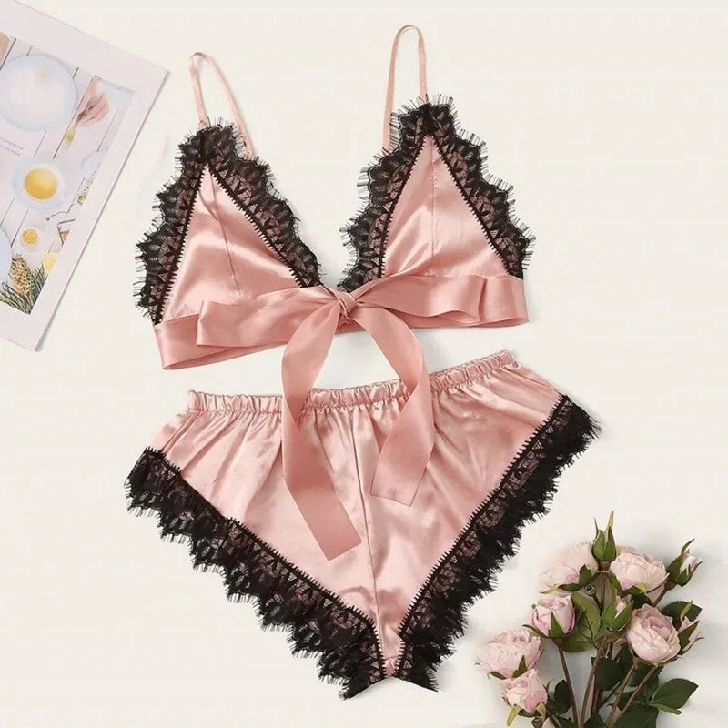 Women Pajama Suit Sext Satin Camisole Shorts Set V Neck Babydoll Lace Bowknot Pyjamas Sleep Shorts Set Sleepwear Lingerie