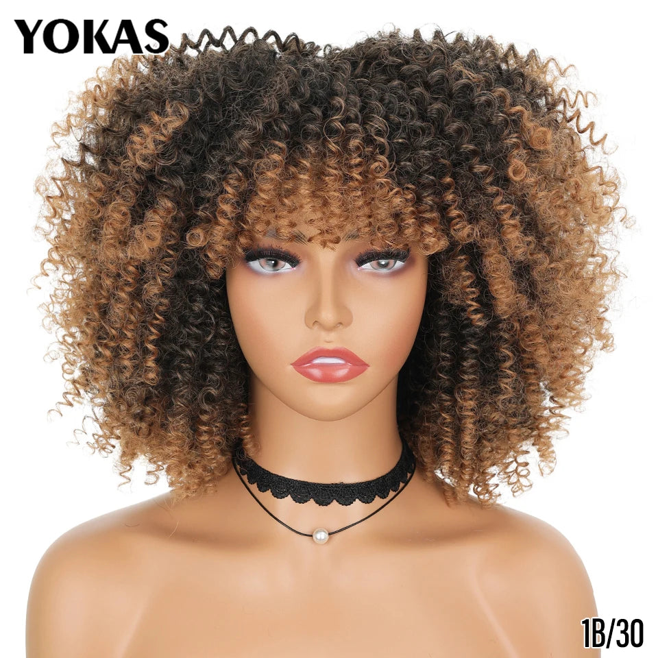 Short Afro Kinky Curly Wig With Bangs Synthetic Hair Female Blonde Pink White Blue Brown Purple Pelucas For Black Women YOKAS