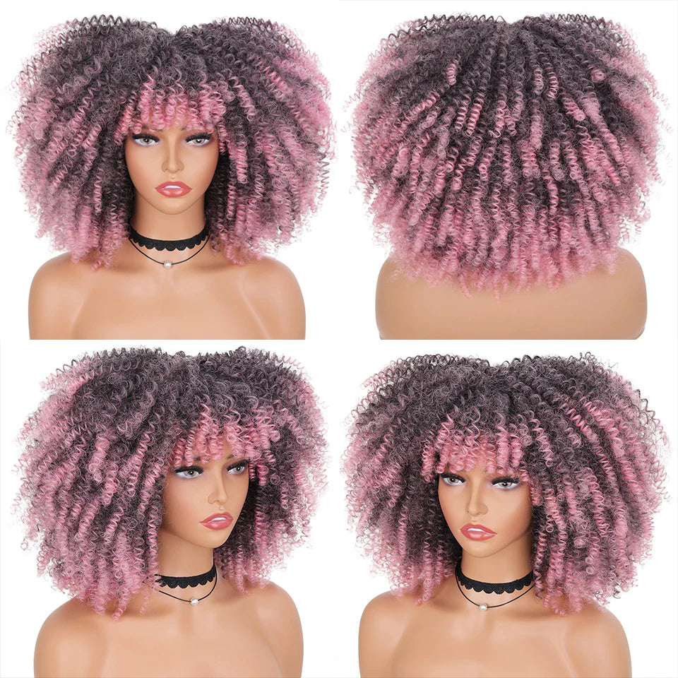 Short Afro Kinky Curly Wig With Bangs Synthetic Hair Female Blonde Pink White Blue Brown Purple Pelucas For Black Women YOKAS