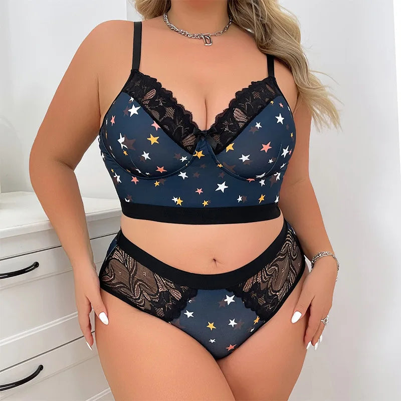 Panties tipo short , Women's Plus Size Fashion Lace Splicing Blue Starry Star Print Adjustable Straps Bra Panty Set