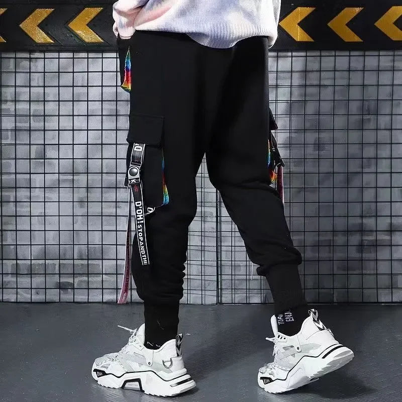 Classic Streetwear Hip Hop Joggers Men Letter Ribbons Cargo Pants Pockets Track Tactical Casual Male Trousers Sweatpant KZ99