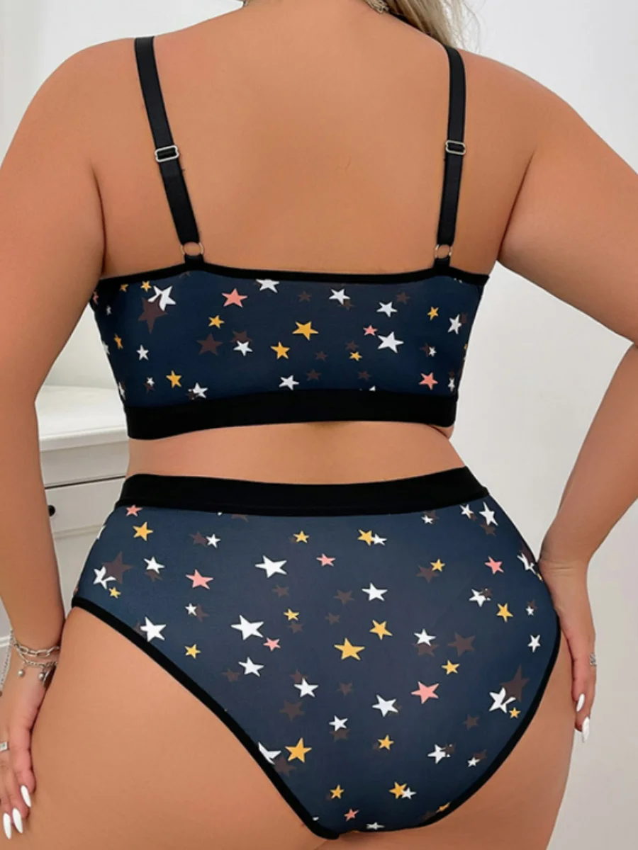 Panties tipo short , Women's Plus Size Fashion Lace Splicing Blue Starry Star Print Adjustable Straps Bra Panty Set