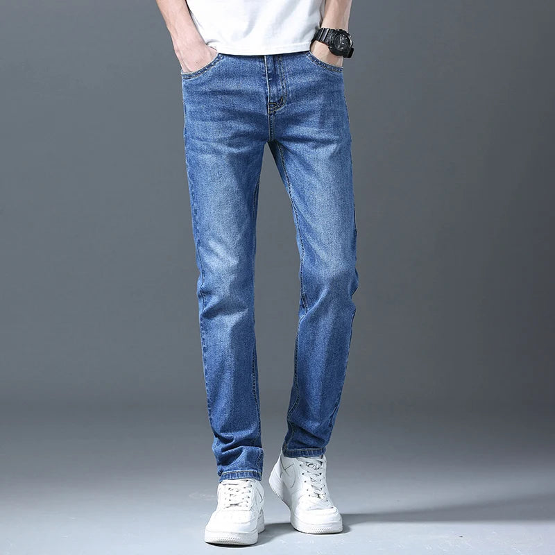 Business Men Straight Leg Classic Jeans Casual Denim Long Pants Slim Fit Simple Man Trousers Fashion Men's Stretch Jeans