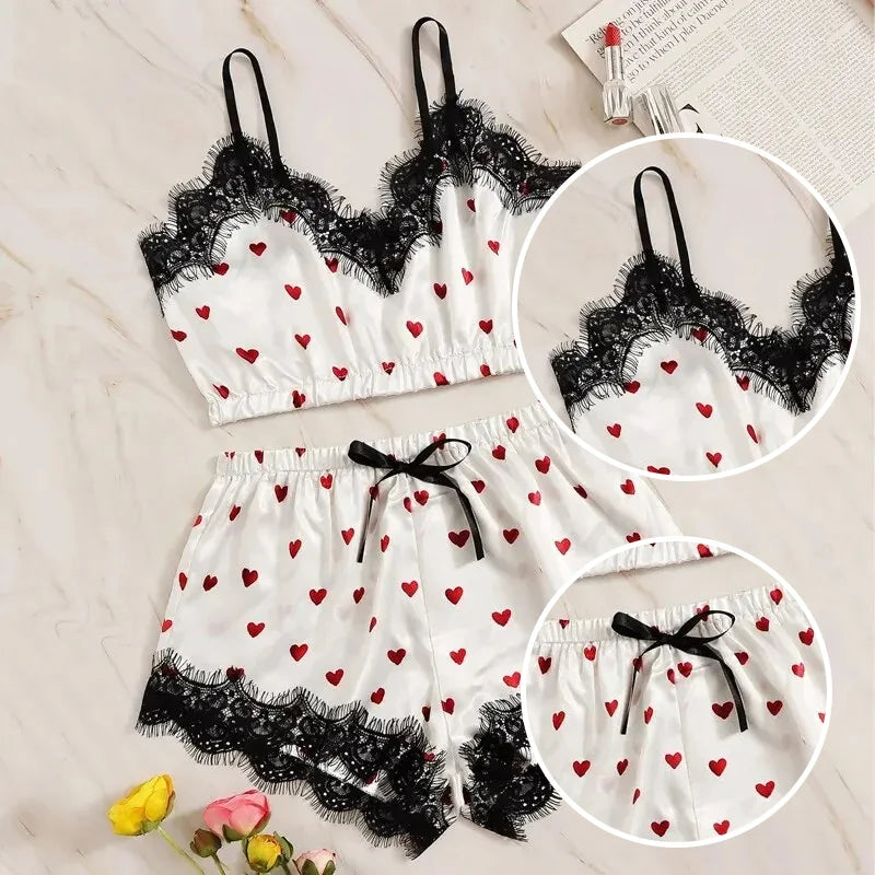 Two Piece Women's Sexy White Printed Heart V-Neck Suspender Top and Lace Embellished Shorts Women's Sexy Pajama Set