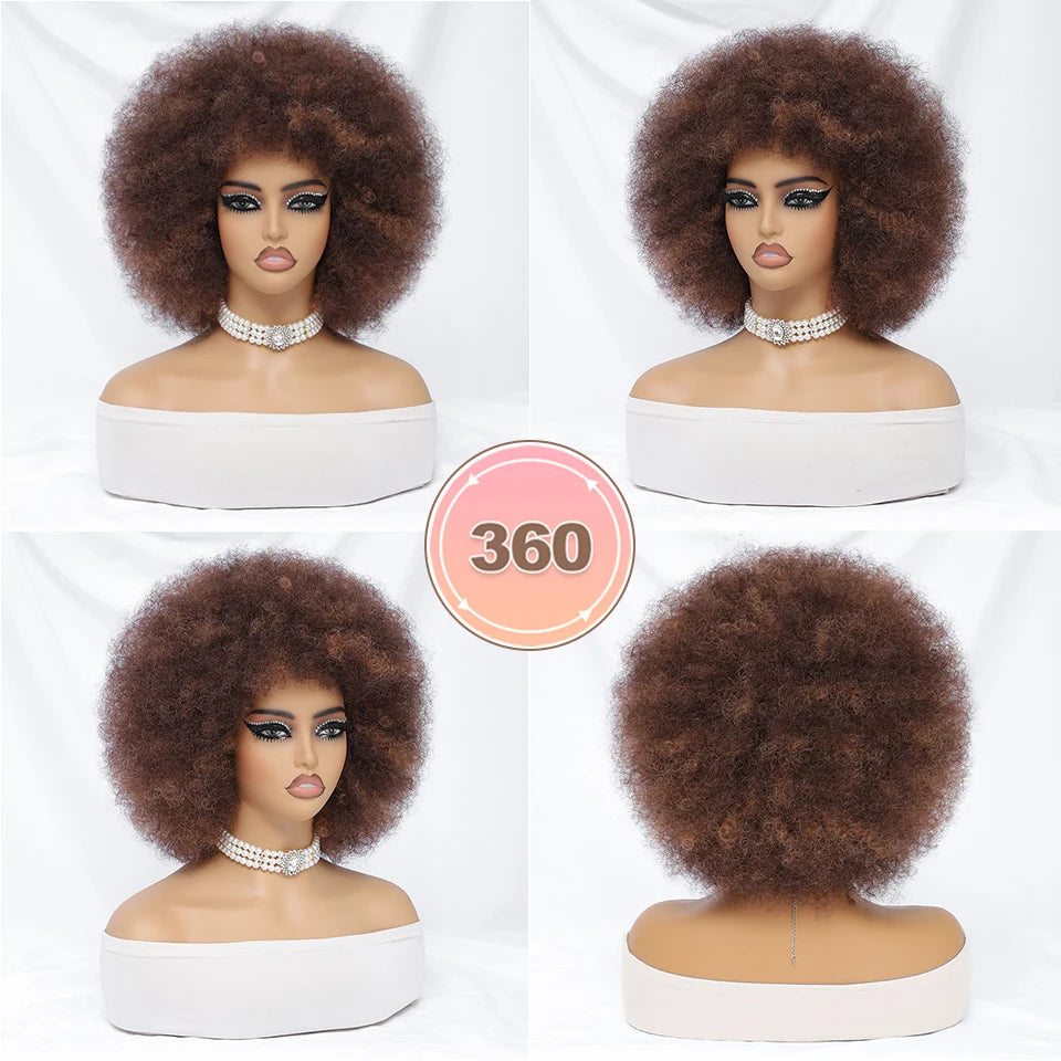 Short Afro Wigs for Black Women Blonde 10" Afro Curly Wig With Bangs 70s Bouncy Natural Synthetic Female Wigs for Party Cosplay