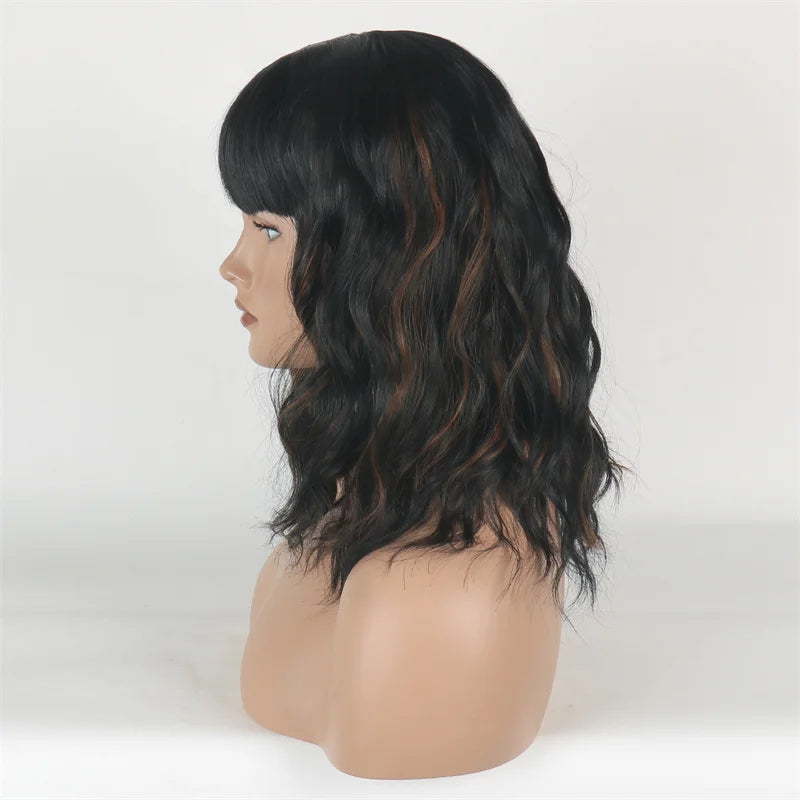 Midum Long Black Mixed Brown Wig Curly Hair Wigs for Black Women Full Bangs  Heat Resistant  Peluca Sythetic  Fiber