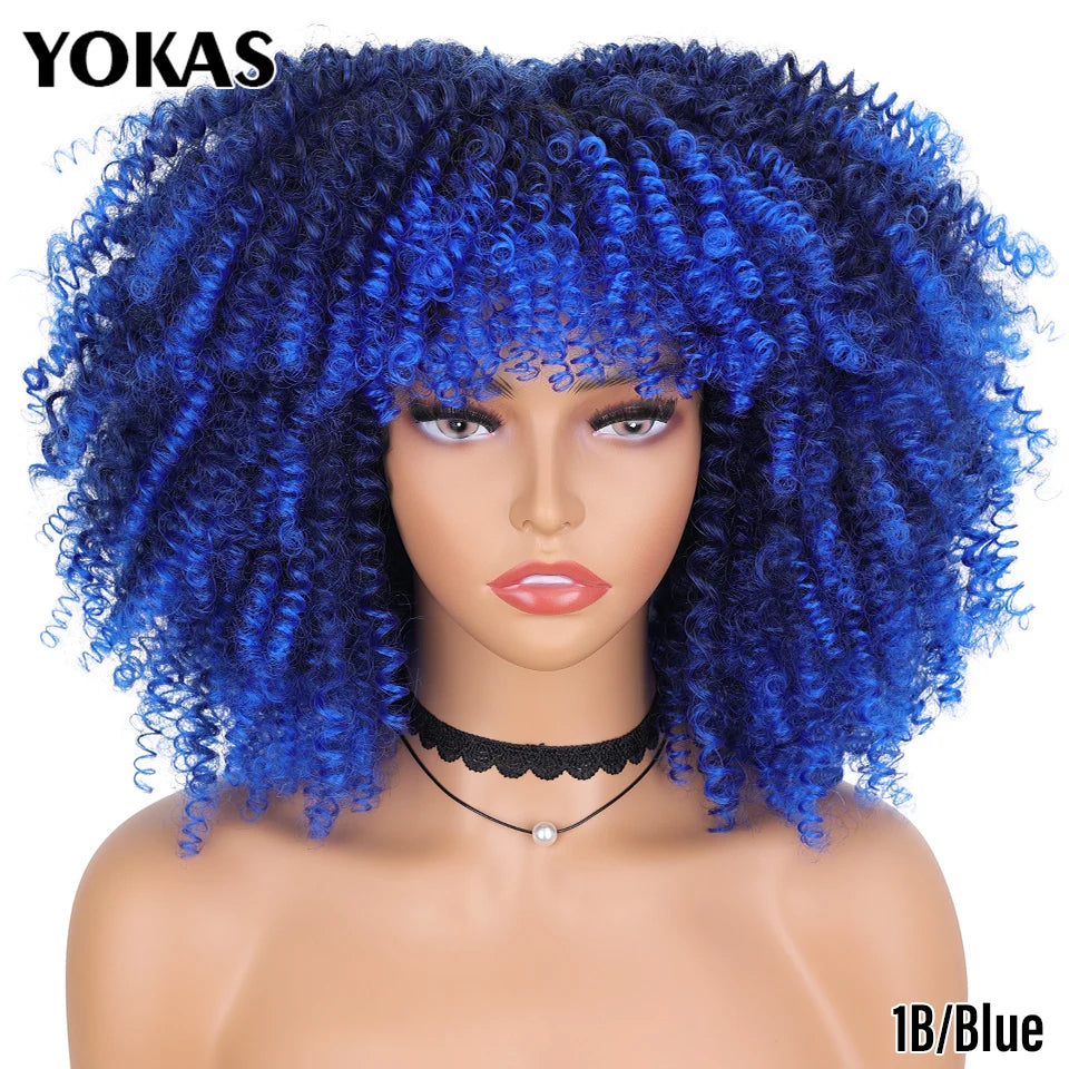 Short Afro Kinky Curly Wig With Bangs Synthetic Hair Female Blonde Pink White Blue Brown Purple Pelucas For Black Women YOKAS