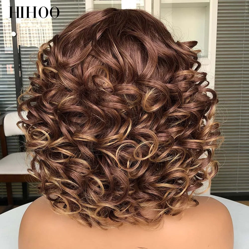 Short Afro Curly Wig With Bangs For Black Women Synthetic Fluffy Mixed Brown Blonde Wig Natural High Temperat Red