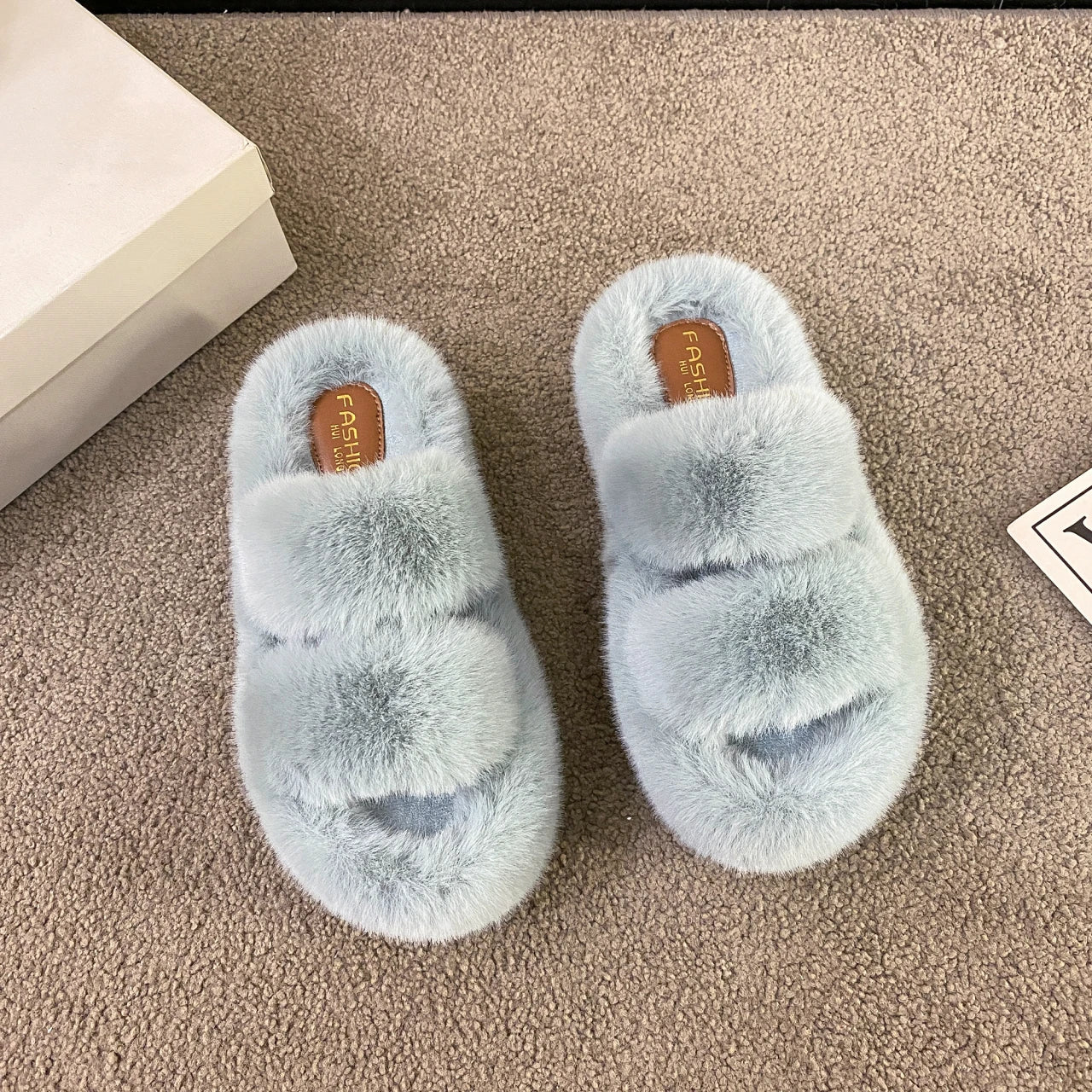 Women Fashion Warm Fluffy Slippers Cozy Faux Fur Cross Indoor Floor Slides Flat Soft Furry Ladies Female Celebrities Flip Flops