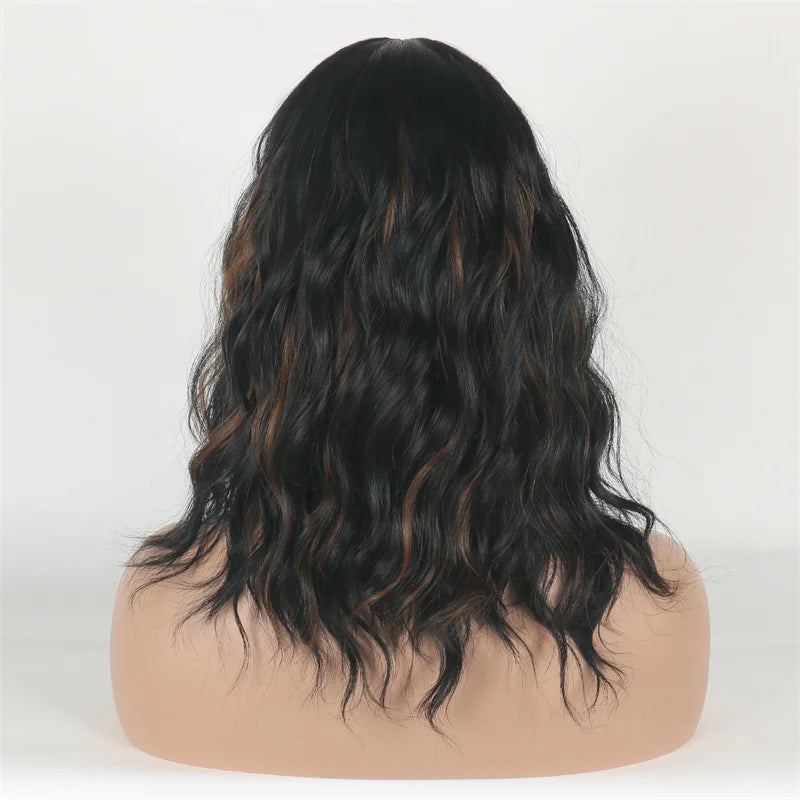 Midum Long Black Mixed Brown Wig Curly Hair Wigs for Black Women Full Bangs  Heat Resistant  Peluca Sythetic  Fiber