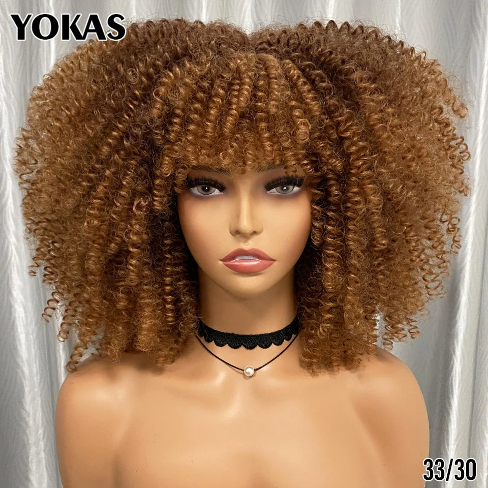 Short Afro Kinky Curly Wig With Bangs Synthetic Hair Female Blonde Pink White Blue Brown Purple Pelucas For Black Women YOKAS